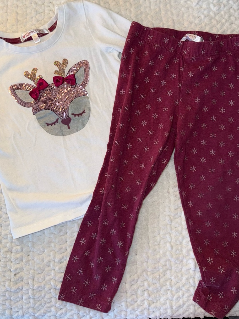 Girl's White Deer Top & Burgundy Snowflake Pajama Set